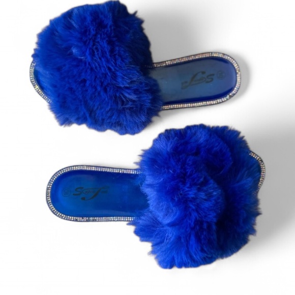 Super Jack Rhinestone Jelly Slide- On’s - Royal Blue - Faux Feather/ Size 10 - Picture 1 of 8
